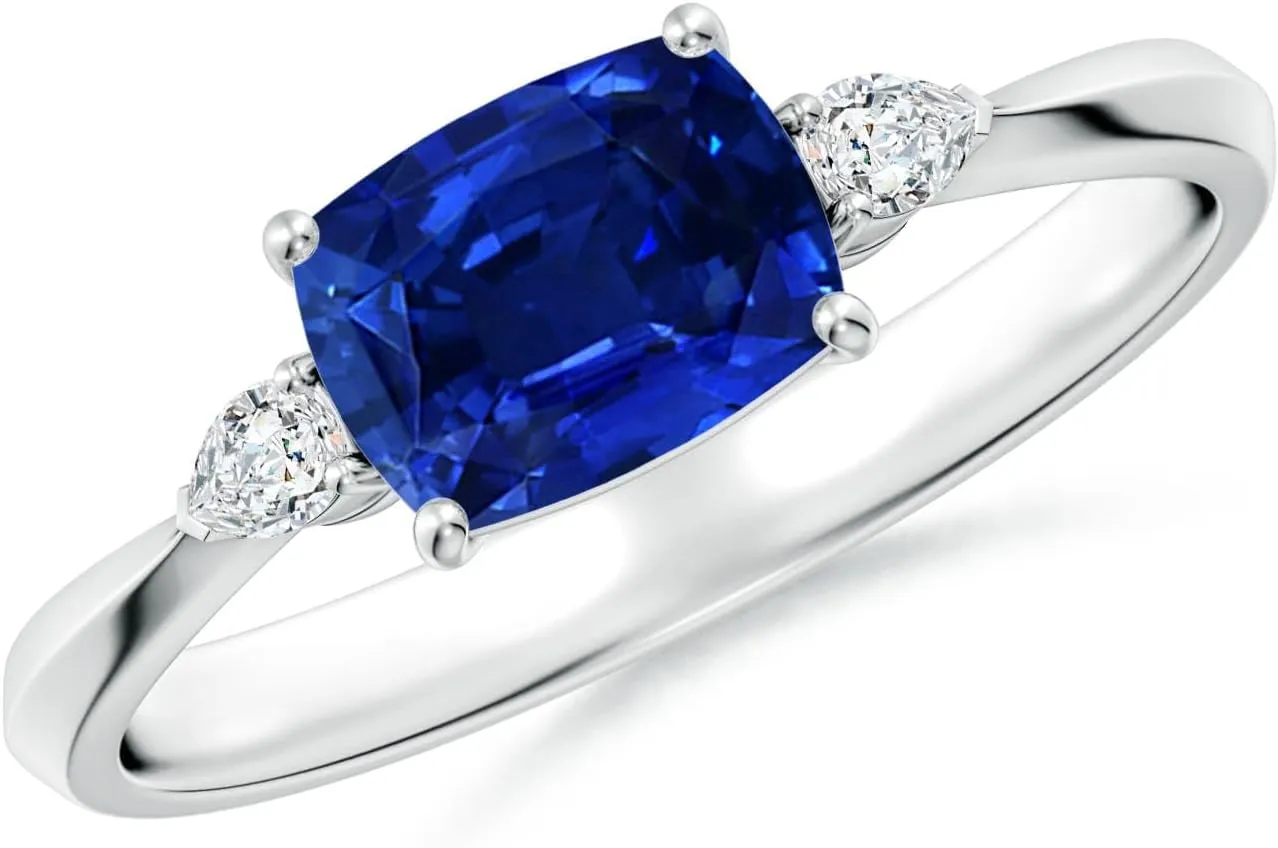 Angara Lab Grown Classic East-West Cushion Rectangular Blue Sapphire Side Stone Engagement Ring in 14K Solid Gold/Platinum | September Birthstone, Birthday, Anniversary Jewelry Gift for Women