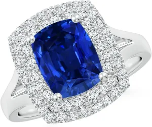 Angara Lab Grown Cushion Rectangular Blue Sapphire Double Halo Engagement Ring in 14K Solid Gold/Platinum | September Birthstone, Birthday, Anniversary, Wedding Jewelry Gift for Women
