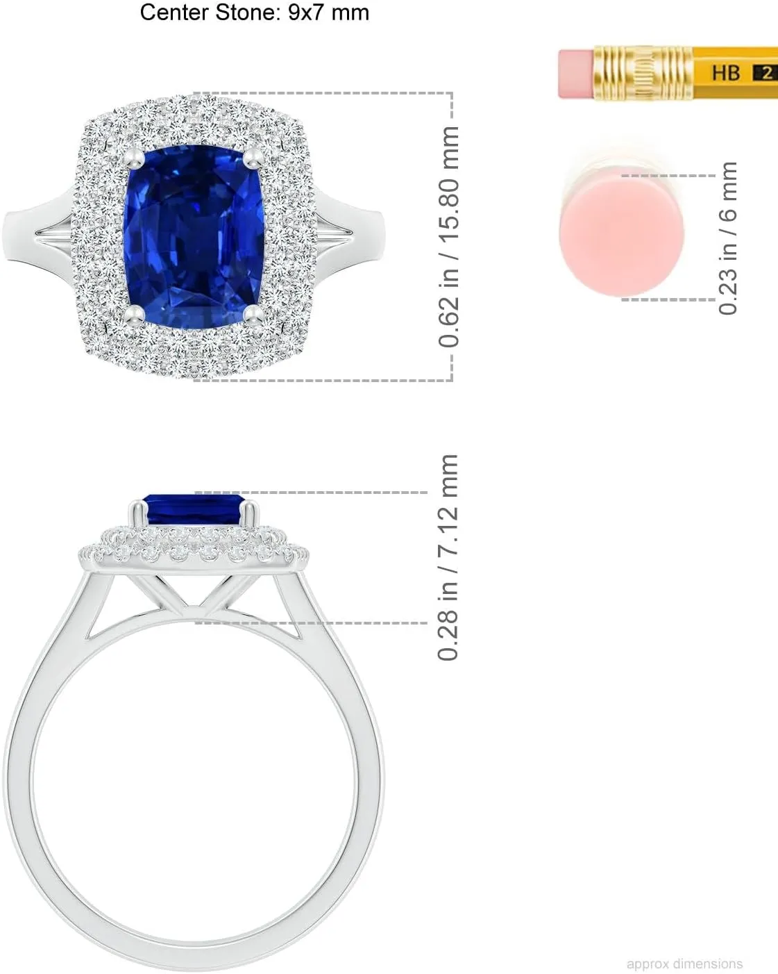 Angara Lab Grown Cushion Rectangular Blue Sapphire Double Halo Engagement Ring in 14K Solid Gold/Platinum | September Birthstone, Birthday, Anniversary, Wedding Jewelry Gift for Women