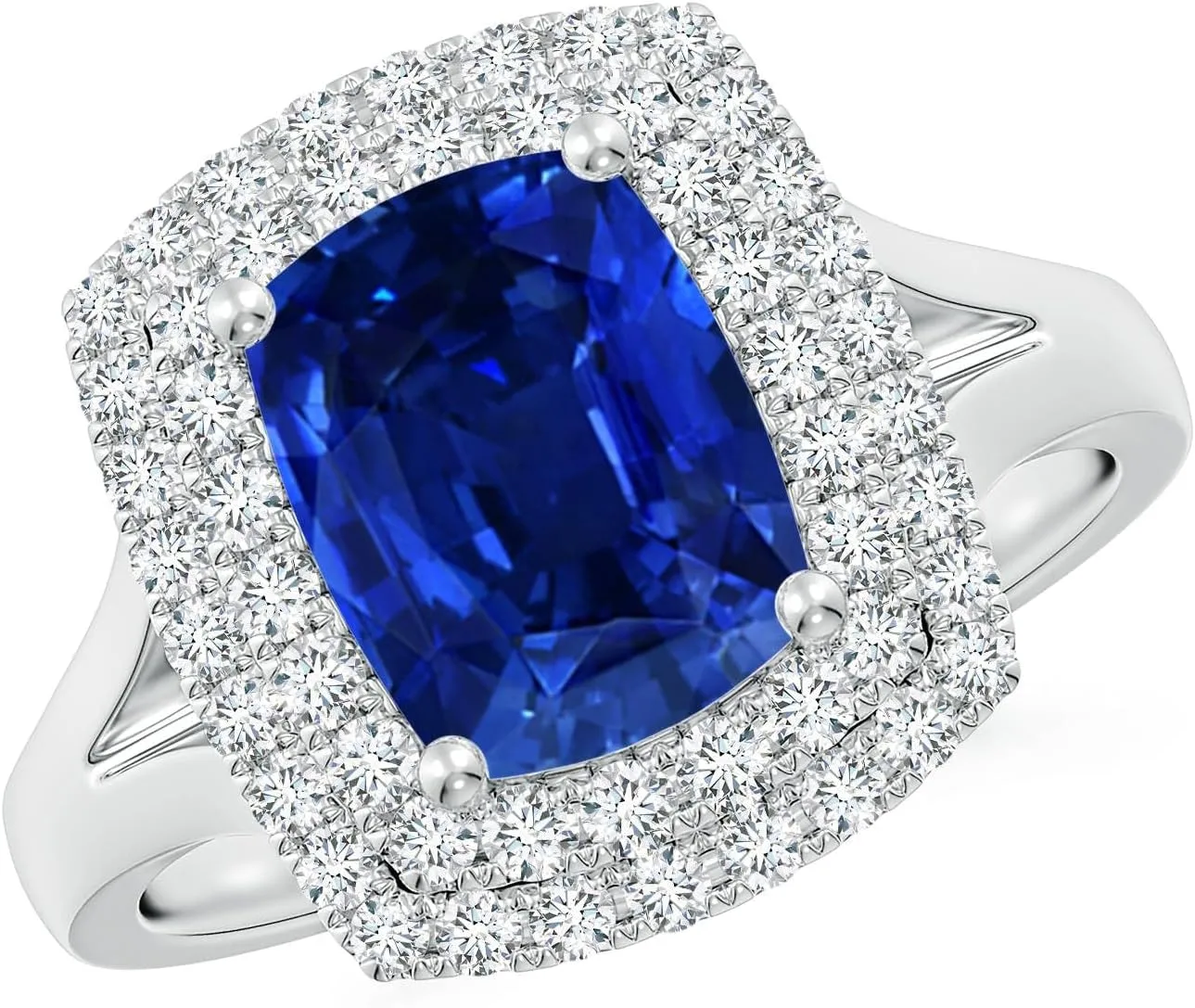 Angara Lab Grown Cushion Rectangular Blue Sapphire Double Halo Engagement Ring in 14K Solid Gold/Platinum | September Birthstone, Birthday, Anniversary, Wedding Jewelry Gift for Women