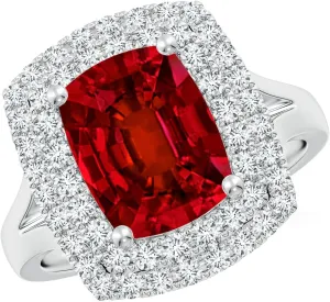 Angara Lab Grown Cushion Rectangular Ruby Double Halo Engagement Ring in 14K Solid Gold/Platinum | July Birthstone, Birthday, Anniversary, Wedding Jewelry Gift for Women