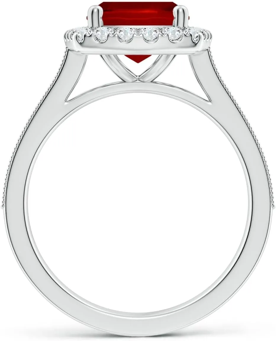 Angara Lab Grown Cushion Rectangular Ruby Reverse Tapered Shank Halo Engagement Ring in 14K Solid Gold/Platinum | July Birthstone, Birthday, Anniversary, Wedding Jewelry Gift for Women