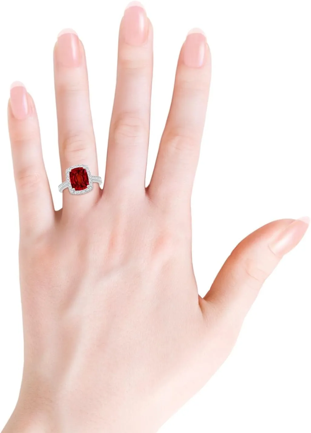 Angara Lab Grown Cushion Rectangular Ruby Reverse Tapered Shank Halo Engagement Ring in 14K Solid Gold/Platinum | July Birthstone, Birthday, Anniversary, Wedding Jewelry Gift for Women