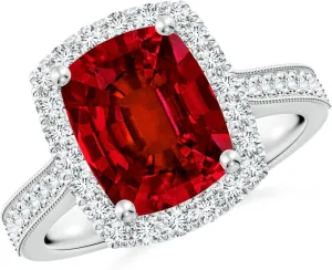 Angara Lab Grown Cushion Rectangular Ruby Reverse Tapered Shank Halo Engagement Ring in 14K Solid Gold/Platinum | July Birthstone, Birthday, Anniversary, Wedding Jewelry Gift for Women