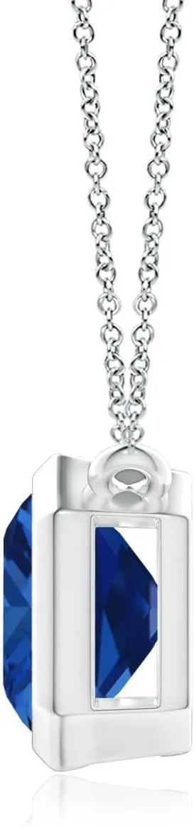 Angara Lab Grown East-West Bezel-Set Emerald-Cut Blue Sapphire Pendant in Silver / 14K Solid Gold/Platinum | September Birthstone, Birthday, Engagement, Anniversary, Wedding Jewelry Gift for Women