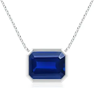 Angara Lab Grown East-West Bezel-Set Emerald-Cut Blue Sapphire Pendant in Silver / 14K Solid Gold/Platinum | September Birthstone, Birthday, Engagement, Anniversary, Wedding Jewelry Gift for Women
