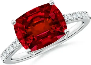 Angara Lab Grown East-West Cushion Rectangular Ruby Cathedral Engagement Ring in 14K Solid Gold/Platinum | July Birthstone, Birthday, Anniversary, Wedding Jewelry Gift for Women