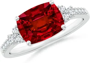 Angara Lab Grown East-West Cushion Rectangular Ruby Side Stone Engagement Ring in 14K Solid Gold/Platinum | July Birthstone, Birthday, Anniversary, Wedding Jewelry Gift for Women