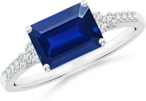 Angara Lab Grown East-West Emerald-Cut Blue Sapphire Side Stone Engagement Ring in 14K Solid Gold/Platinum | September Birthstone, Birthday, Anniversary, Wedding Jewelry Gift for Women