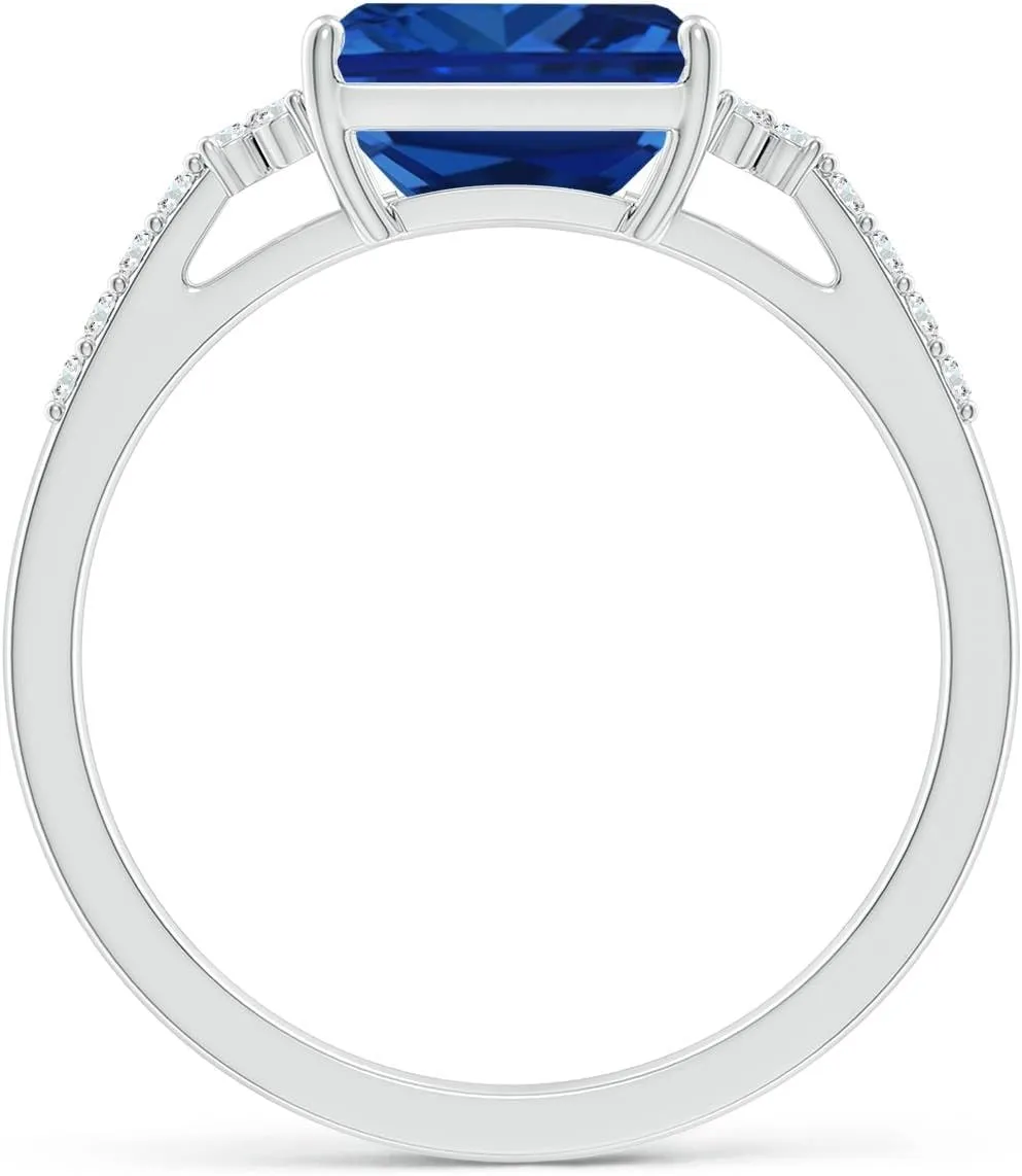 Angara Lab Grown East-West Emerald-Cut Blue Sapphire Side Stone Engagement Ring in 14K Solid Gold/Platinum | September Birthstone, Birthday, Anniversary, Wedding Jewelry Gift for Women