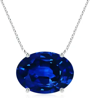 Angara Lab Grown East-West Oval Blue Sapphire Solitaire Pendant in Silver / 14K Solid Gold/Platinum | September Birthstone, Birthday, Engagement, Anniversary, Wedding Jewelry Gift for Women