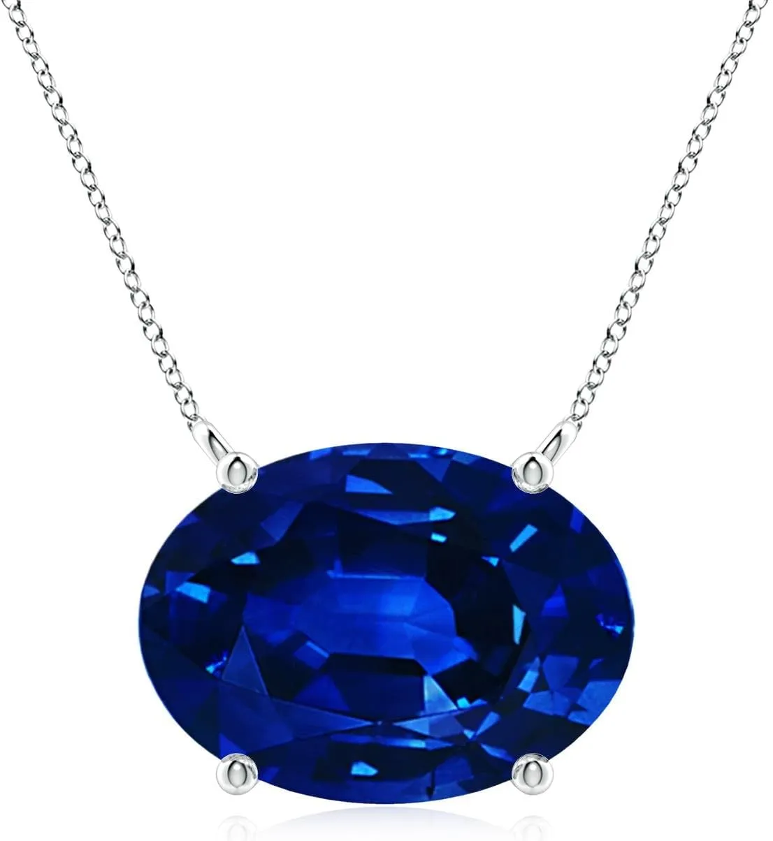 Angara Lab Grown East-West Oval Blue Sapphire Solitaire Pendant in Silver / 14K Solid Gold/Platinum | September Birthstone, Birthday, Engagement, Anniversary, Wedding Jewelry Gift for Women