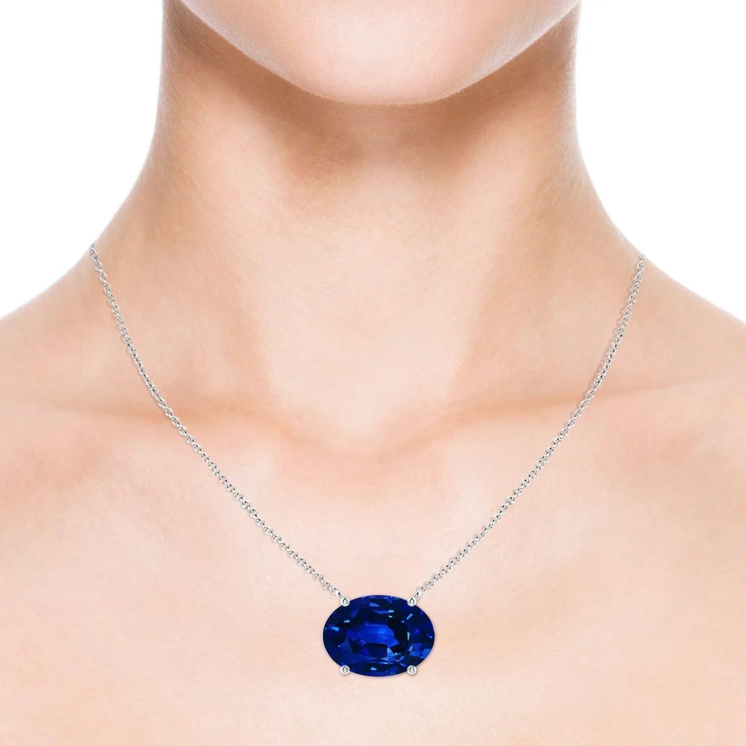 Angara Lab Grown East-West Oval Blue Sapphire Solitaire Pendant in Silver / 14K Solid Gold/Platinum | September Birthstone, Birthday, Engagement, Anniversary, Wedding Jewelry Gift for Women