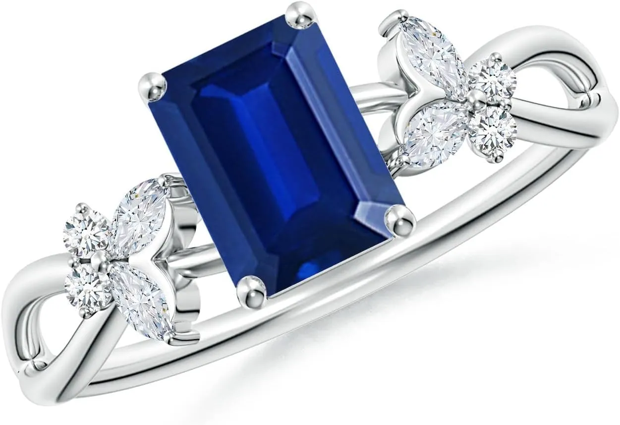 Angara Lab Grown Emerald-Cut Blue Sapphire Butterfly Engagement Ring in 14K Solid Gold/Platinum | September Birthstone, Birthday, Anniversary, Wedding Jewelry Gift for Women