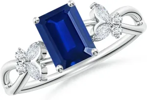 Angara Lab Grown Emerald-Cut Blue Sapphire Butterfly Engagement Ring in 14K Solid Gold/Platinum | September Birthstone, Birthday, Anniversary, Wedding Jewelry Gift for Women