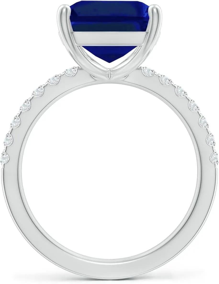 Angara Lab Grown Emerald-Cut Blue Sapphire Engagement Ring with Lab Diamonds in Silver / 14K Solid Gold/Platinum | September Birthstone, Birthday, Anniversary, Wedding Jewelry Gift for Women