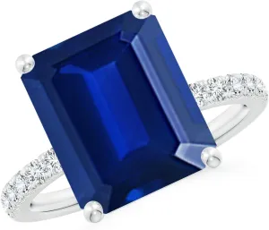 Angara Lab Grown Emerald-Cut Blue Sapphire Engagement Ring with Lab Diamonds in Silver / 14K Solid Gold/Platinum | September Birthstone, Birthday, Anniversary, Wedding Jewelry Gift for Women