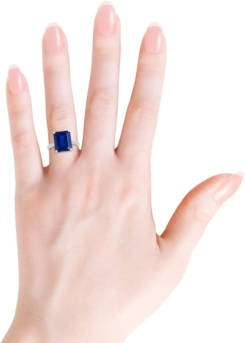 Angara Lab Grown Emerald-Cut Blue Sapphire Engagement Ring with Lab Diamonds in Silver / 14K Solid Gold/Platinum | September Birthstone, Birthday, Anniversary, Wedding Jewelry Gift for Women