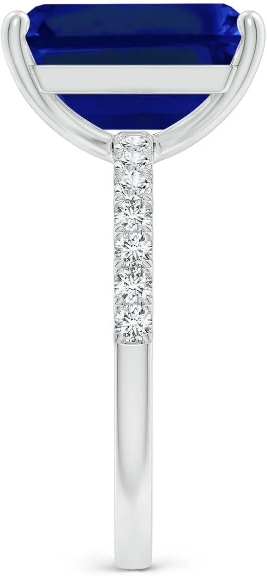 Angara Lab Grown Emerald-Cut Blue Sapphire Engagement Ring with Lab Diamonds in Silver / 14K Solid Gold/Platinum | September Birthstone, Birthday, Anniversary, Wedding Jewelry Gift for Women