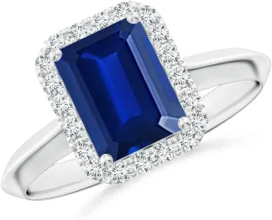 Angara Lab Grown Emerald-Cut Blue Sapphire Halo Knife-Edge Shank Engagement Ring in 14K Solid Gold/Platinum | September Birthstone, Birthday, Anniversary, Wedding Jewelry Gift for Women