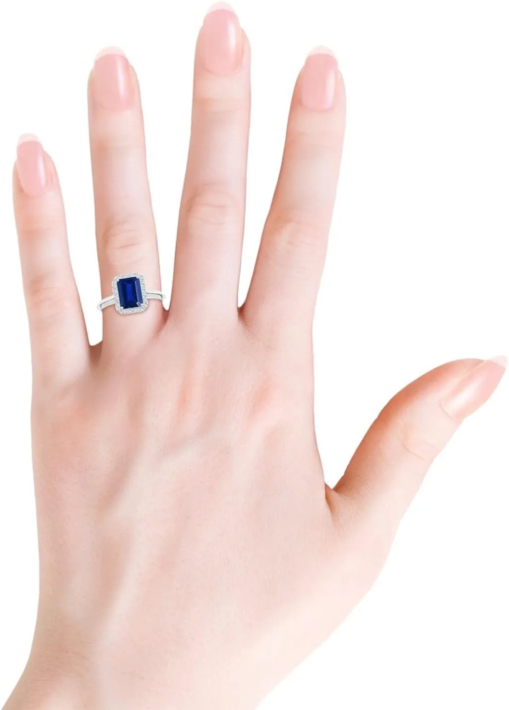 Angara Lab Grown Emerald-Cut Blue Sapphire Halo Knife-Edge Shank Engagement Ring in 14K Solid Gold/Platinum | September Birthstone, Birthday, Anniversary, Wedding Jewelry Gift for Women