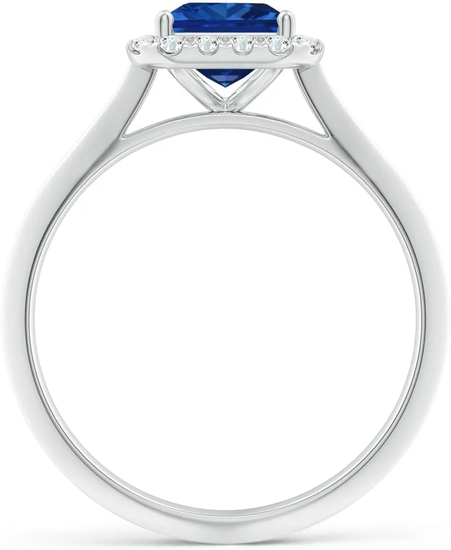 Angara Lab Grown Emerald-Cut Blue Sapphire Halo Knife-Edge Shank Engagement Ring in 14K Solid Gold/Platinum | September Birthstone, Birthday, Anniversary, Wedding Jewelry Gift for Women