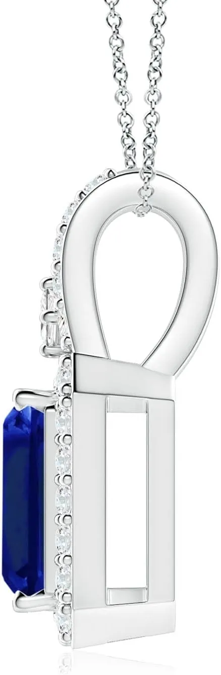 Angara Lab Grown Emerald-Cut Blue Sapphire Halo Pendant in Silver / 14K Solid Gold/Platinum | September Birthstone, Birthday, Engagement, Anniversary, Wedding Jewelry Gift for Women