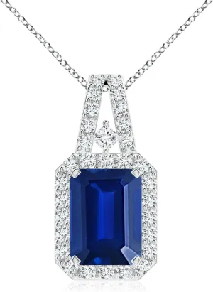 Angara Lab Grown Emerald-Cut Blue Sapphire Halo Pendant in Silver / 14K Solid Gold/Platinum | September Birthstone, Birthday, Engagement, Anniversary, Wedding Jewelry Gift for Women