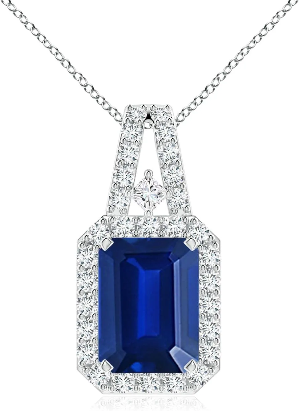 Angara Lab Grown Emerald-Cut Blue Sapphire Halo Pendant in Silver / 14K Solid Gold/Platinum | September Birthstone, Birthday, Engagement, Anniversary, Wedding Jewelry Gift for Women