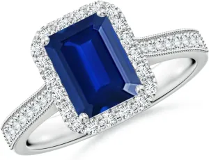 Angara Lab Grown Emerald-Cut Blue Sapphire Reverse Tapered Shank Halo Engagement Ring in 14K Solid Gold/Platinum | September Birthstone, Birthday, Anniversary, Wedding Jewelry Gift for Women
