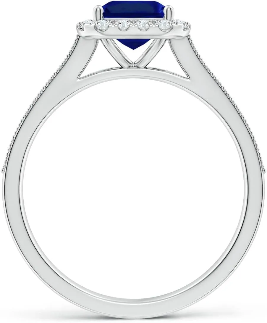 Angara Lab Grown Emerald-Cut Blue Sapphire Reverse Tapered Shank Halo Engagement Ring in 14K Solid Gold/Platinum | September Birthstone, Birthday, Anniversary, Wedding Jewelry Gift for Women