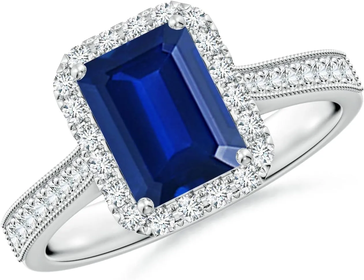Angara Lab Grown Emerald-Cut Blue Sapphire Reverse Tapered Shank Halo Engagement Ring in 14K Solid Gold/Platinum | September Birthstone, Birthday, Anniversary, Wedding Jewelry Gift for Women