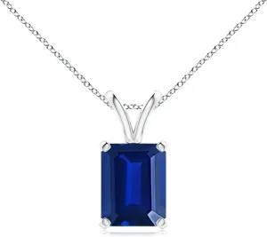 Angara Lab Grown Emerald-Cut Blue Sapphire Solitaire V-Bale Pendant in 14K Solid Gold/Platinum | September Birthstone, Birthday, Engagement, Anniversary, Wedding Jewelry Gift for Women