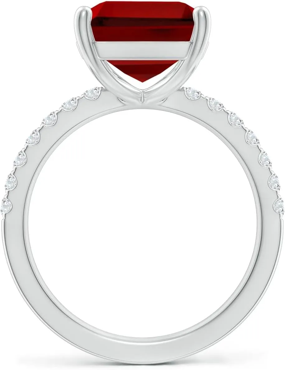 Angara Lab Grown Emerald-Cut Ruby Engagement Ring with Lab Diamonds in Silver / 14K Solid Gold/Platinum | July Birthstone, Birthday, Anniversary, Wedding Jewelry Gift for Women