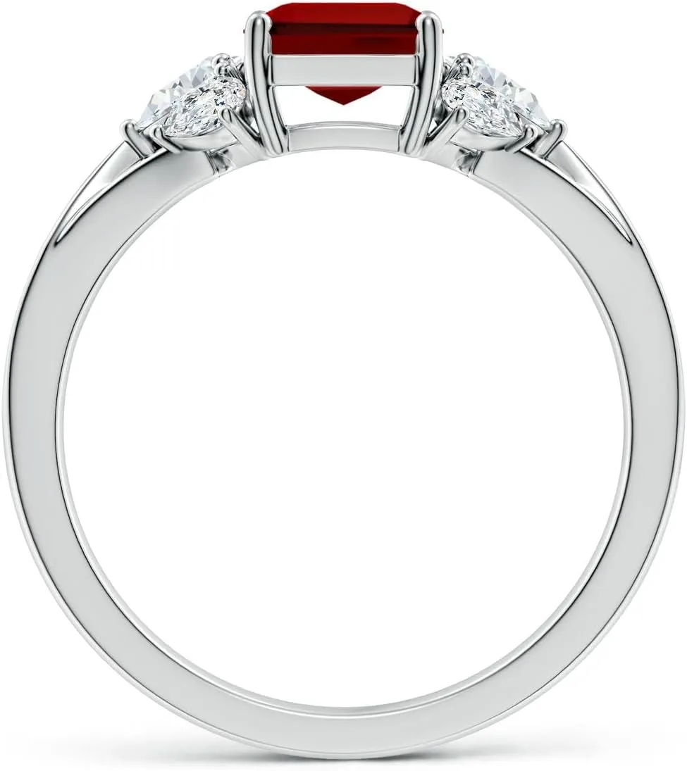 Angara Lab Grown Emerald-Cut Ruby Engagement Ring with Lab Pear Diamonds in 14K Solid Gold/Platinum | July Birthstone, Birthday, Anniversary, Wedding Jewelry Gift for Women