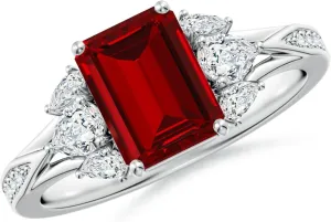 Angara Lab Grown Emerald-Cut Ruby Engagement Ring with Lab Pear Diamonds in 14K Solid Gold/Platinum | July Birthstone, Birthday, Anniversary, Wedding Jewelry Gift for Women