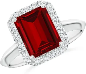 Angara Lab Grown Emerald-Cut Ruby Halo Knife-Edge Shank Engagement Ring in 14K Solid Gold/Platinum | July Birthstone, Birthday, Anniversary, Wedding Jewelry Gift for Women