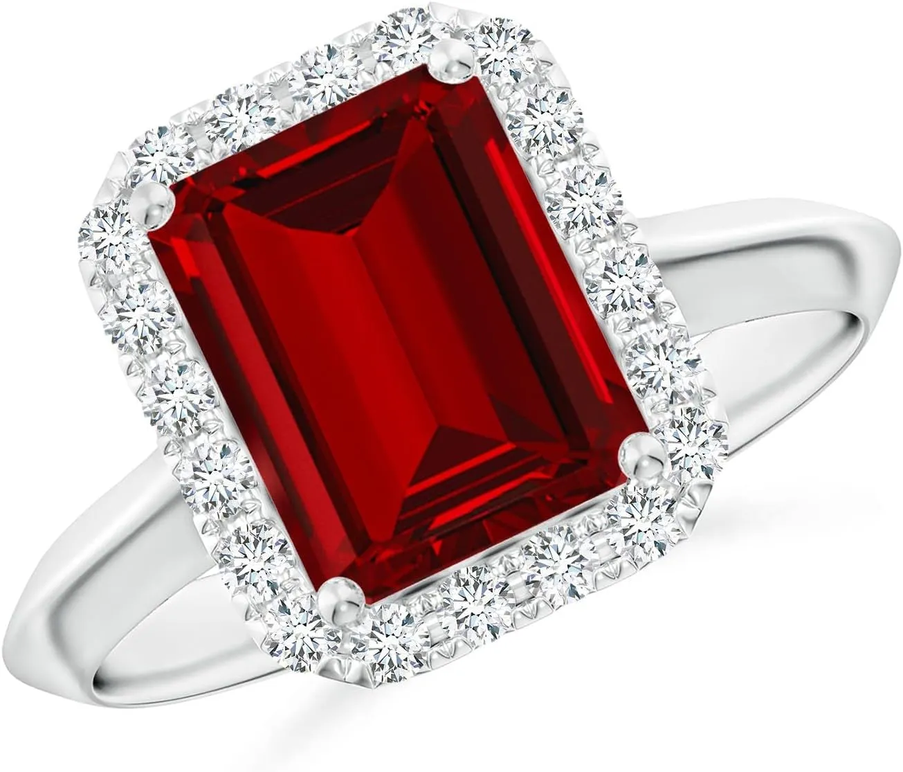 Angara Lab Grown Emerald-Cut Ruby Halo Knife-Edge Shank Engagement Ring in 14K Solid Gold/Platinum | July Birthstone, Birthday, Anniversary, Wedding Jewelry Gift for Women