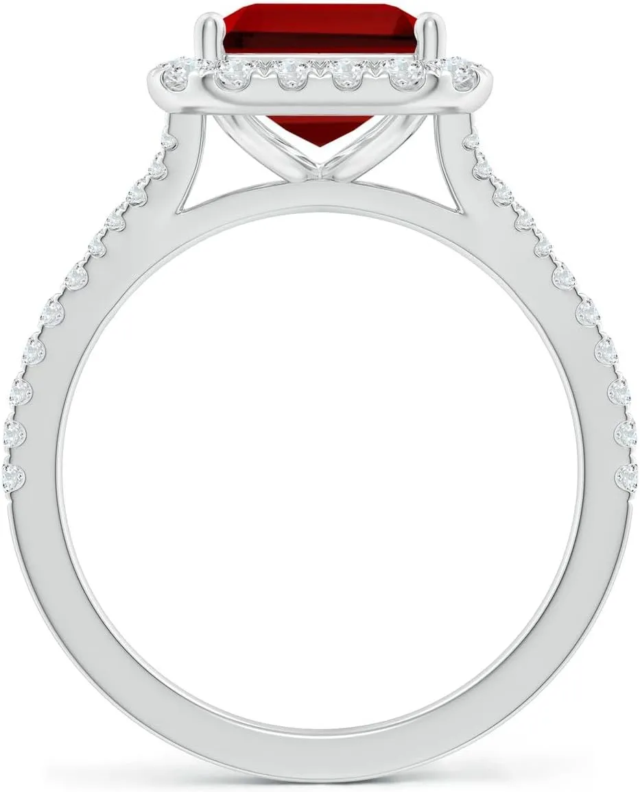 Angara Lab Grown Emerald-Cut Ruby Halo Split Shank Engagement Ring in 14K Solid Gold/Platinum | July Birthstone, Birthday, Anniversary, Wedding Jewelry Gift for Women