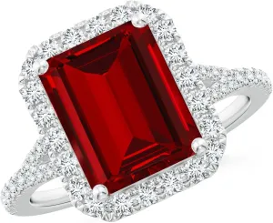 Angara Lab Grown Emerald-Cut Ruby Halo Split Shank Engagement Ring in 14K Solid Gold/Platinum | July Birthstone, Birthday, Anniversary, Wedding Jewelry Gift for Women