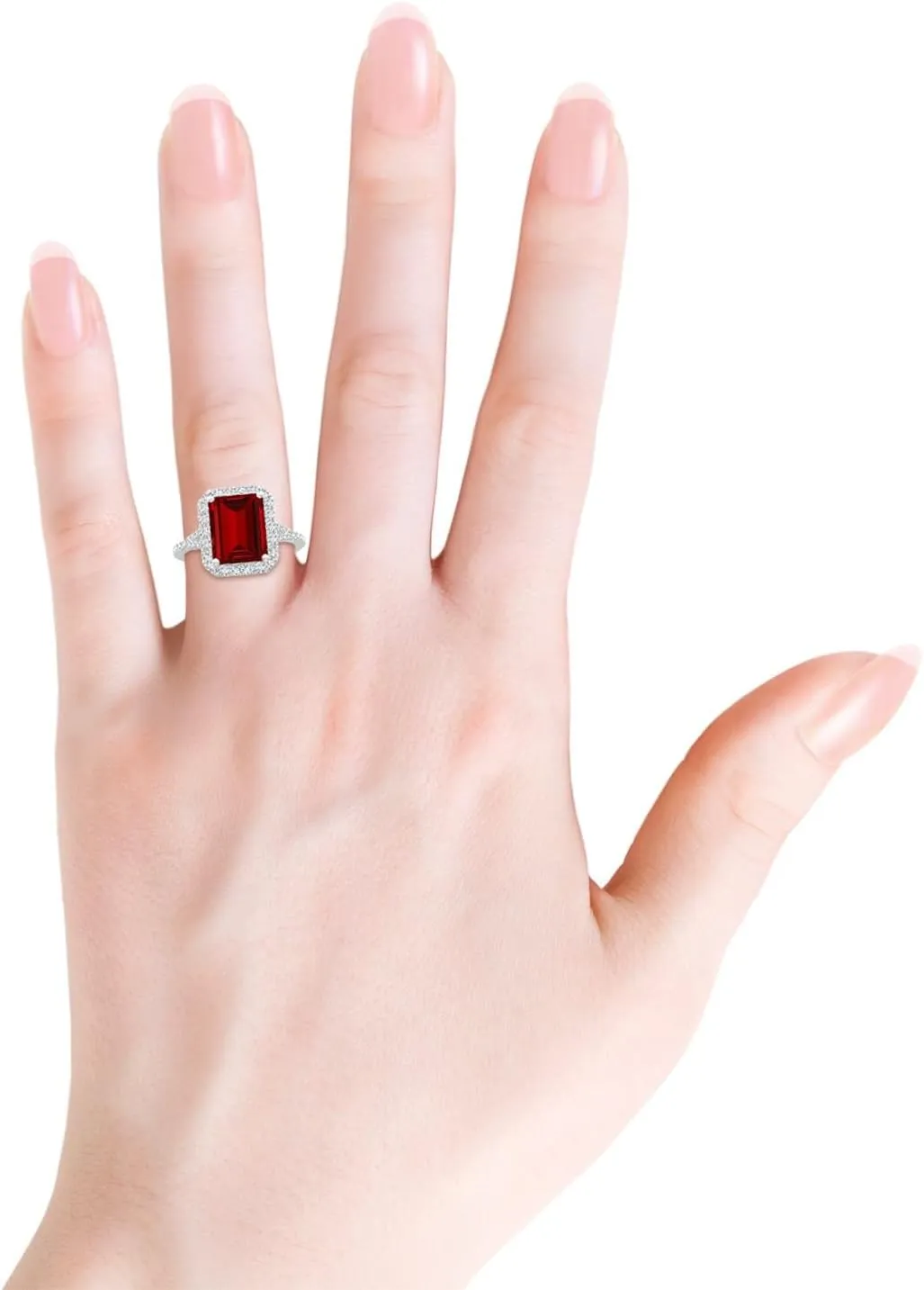 Angara Lab Grown Emerald-Cut Ruby Halo Split Shank Engagement Ring in 14K Solid Gold/Platinum | July Birthstone, Birthday, Anniversary, Wedding Jewelry Gift for Women