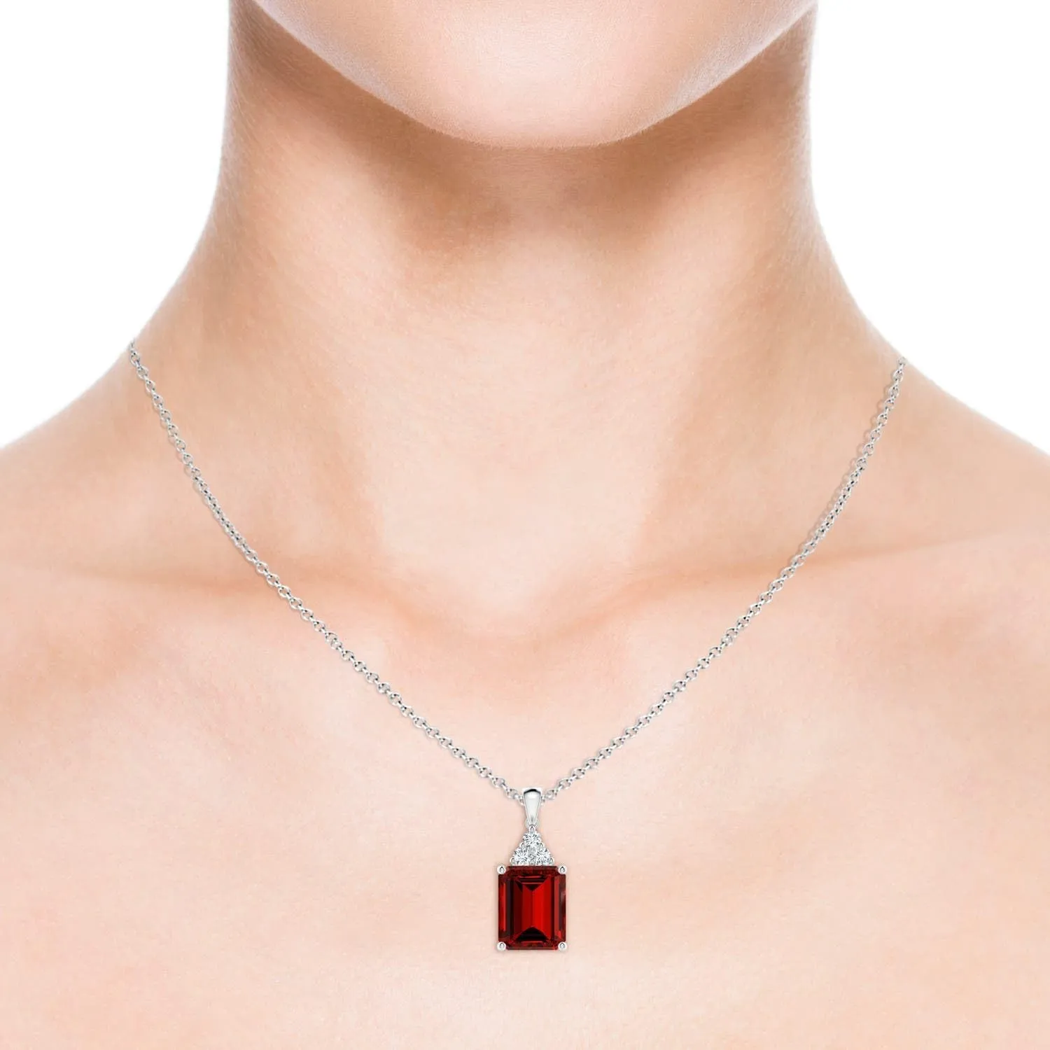 Angara Lab Grown Emerald-Cut Ruby Pendant with Lab Diamond Trio in Silver / 14K Solid Gold/Platinum | July Birthstone, Birthday, Engagement, Anniversary, Wedding Jewelry Gift for Women