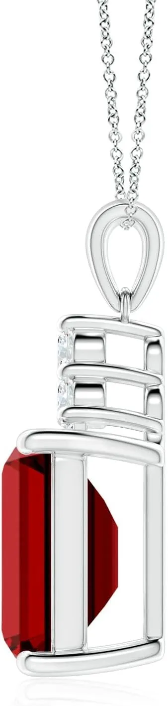 Angara Lab Grown Emerald-Cut Ruby Pendant with Lab Diamond Trio in Silver / 14K Solid Gold/Platinum | July Birthstone, Birthday, Engagement, Anniversary, Wedding Jewelry Gift for Women