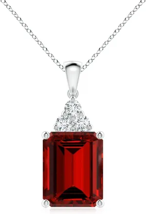 Angara Lab Grown Emerald-Cut Ruby Pendant with Lab Diamond Trio in Silver / 14K Solid Gold/Platinum | July Birthstone, Birthday, Engagement, Anniversary, Wedding Jewelry Gift for Women