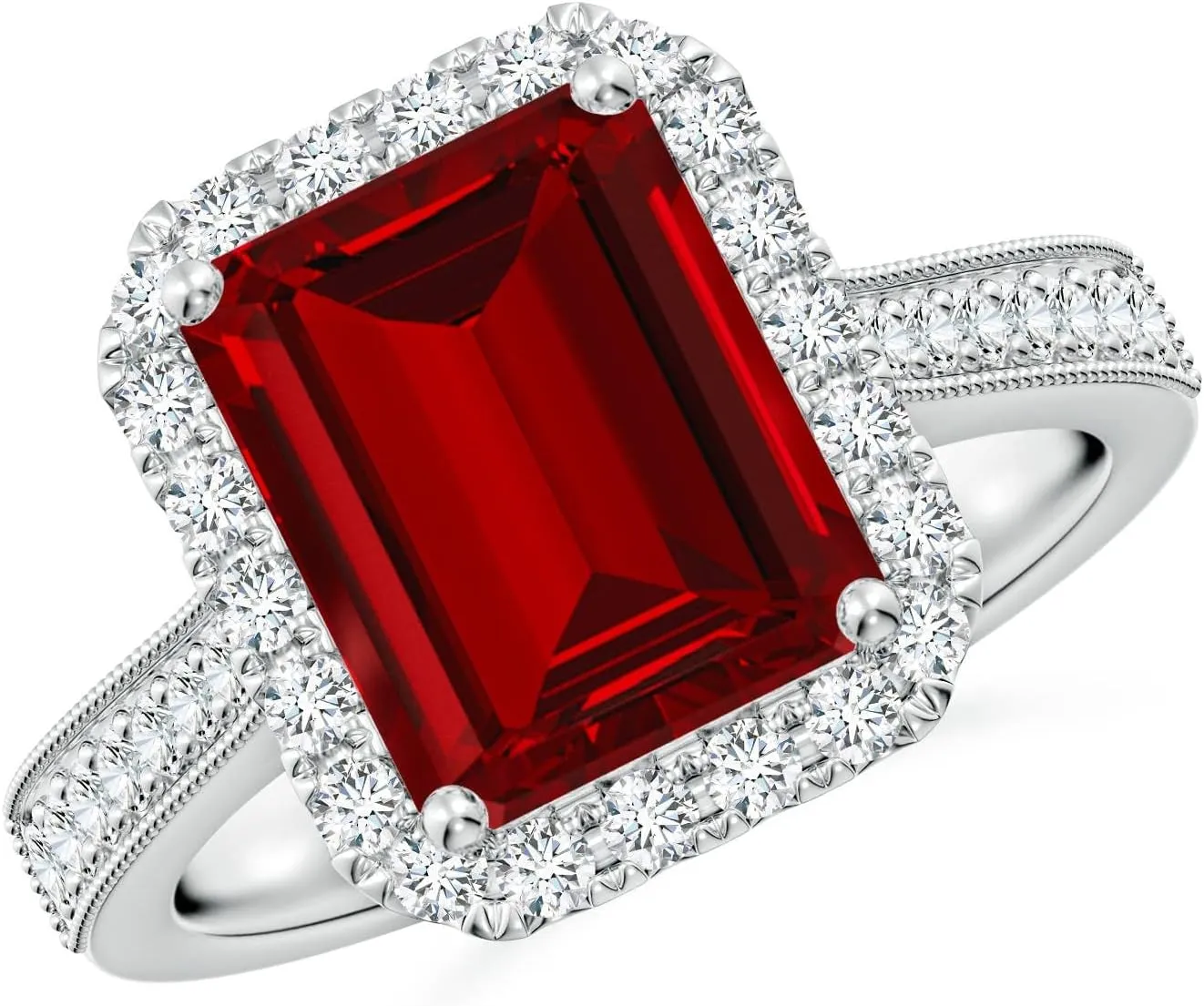 Angara Lab Grown Emerald-Cut Ruby Reverse Tapered Shank Halo Engagement Ring in 14K Solid Gold/Platinum | July Birthstone, Birthday, Anniversary, Wedding Jewelry Gift for Women