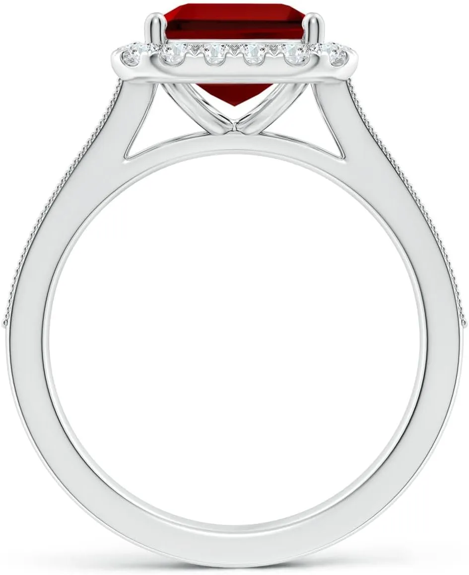 Angara Lab Grown Emerald-Cut Ruby Reverse Tapered Shank Halo Engagement Ring in 14K Solid Gold/Platinum | July Birthstone, Birthday, Anniversary, Wedding Jewelry Gift for Women