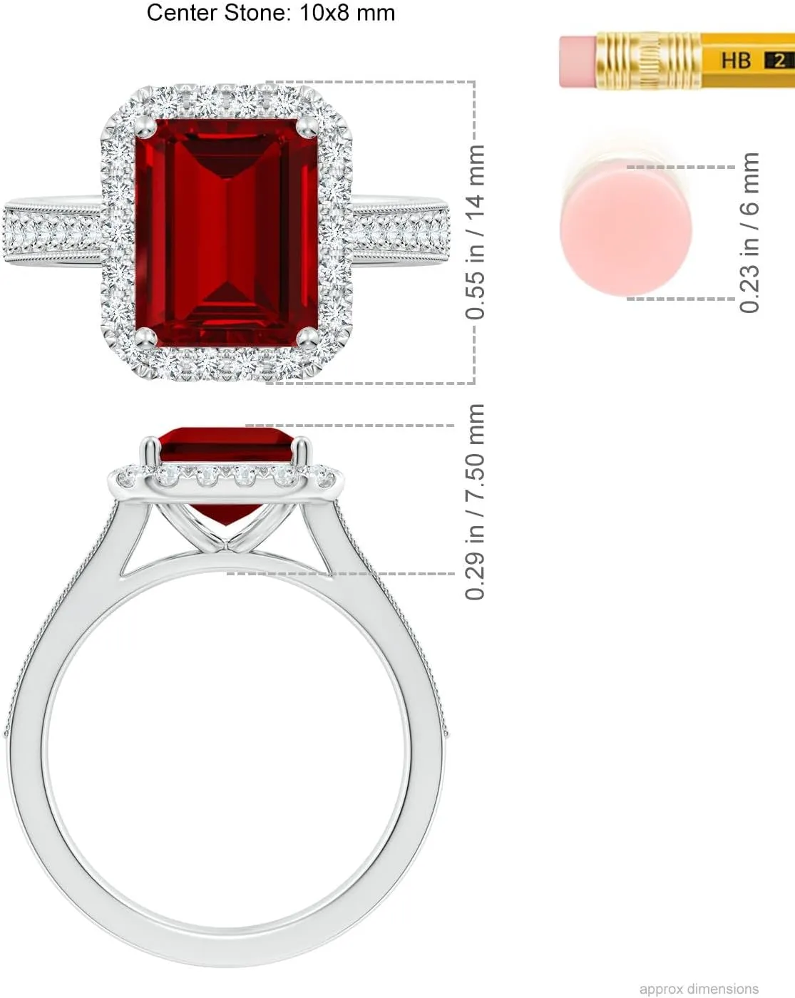 Angara Lab Grown Emerald-Cut Ruby Reverse Tapered Shank Halo Engagement Ring in 14K Solid Gold/Platinum | July Birthstone, Birthday, Anniversary, Wedding Jewelry Gift for Women