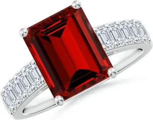 Angara Lab Grown Emerald-Cut Ruby Ring with Diamond Accents in Silver / 14K Solid Gold/Platinum | July Birthstone, Birthday, Engagement, Anniversary, Wedding Jewelry Gift for Women