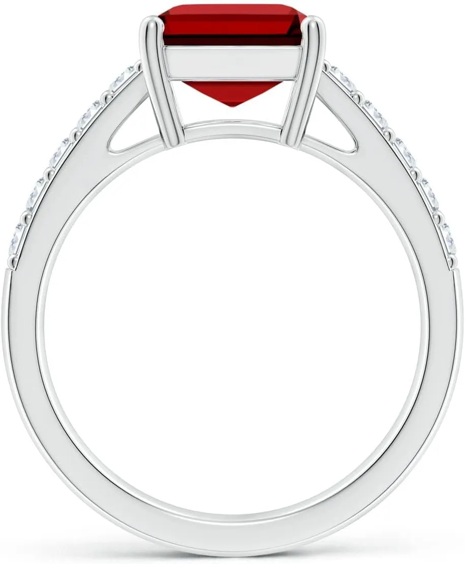 Angara Lab Grown Emerald-Cut Ruby Ring with Diamond Accents in Silver / 14K Solid Gold/Platinum | July Birthstone, Birthday, Engagement, Anniversary, Wedding Jewelry Gift for Women