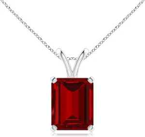Angara Lab Grown Emerald-Cut Ruby Solitaire V-Bale Pendant in 14K Solid Gold/Platinum | July Birthstone, Birthday, Engagement, Anniversary, Wedding Jewelry Gift for Women